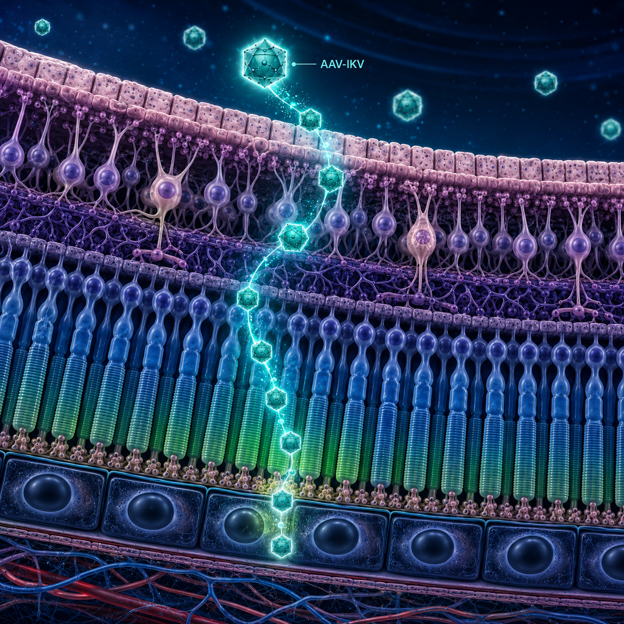 Technical illustration showing AAV-IKV and Nuc1 delivery pathways to the outer retina.